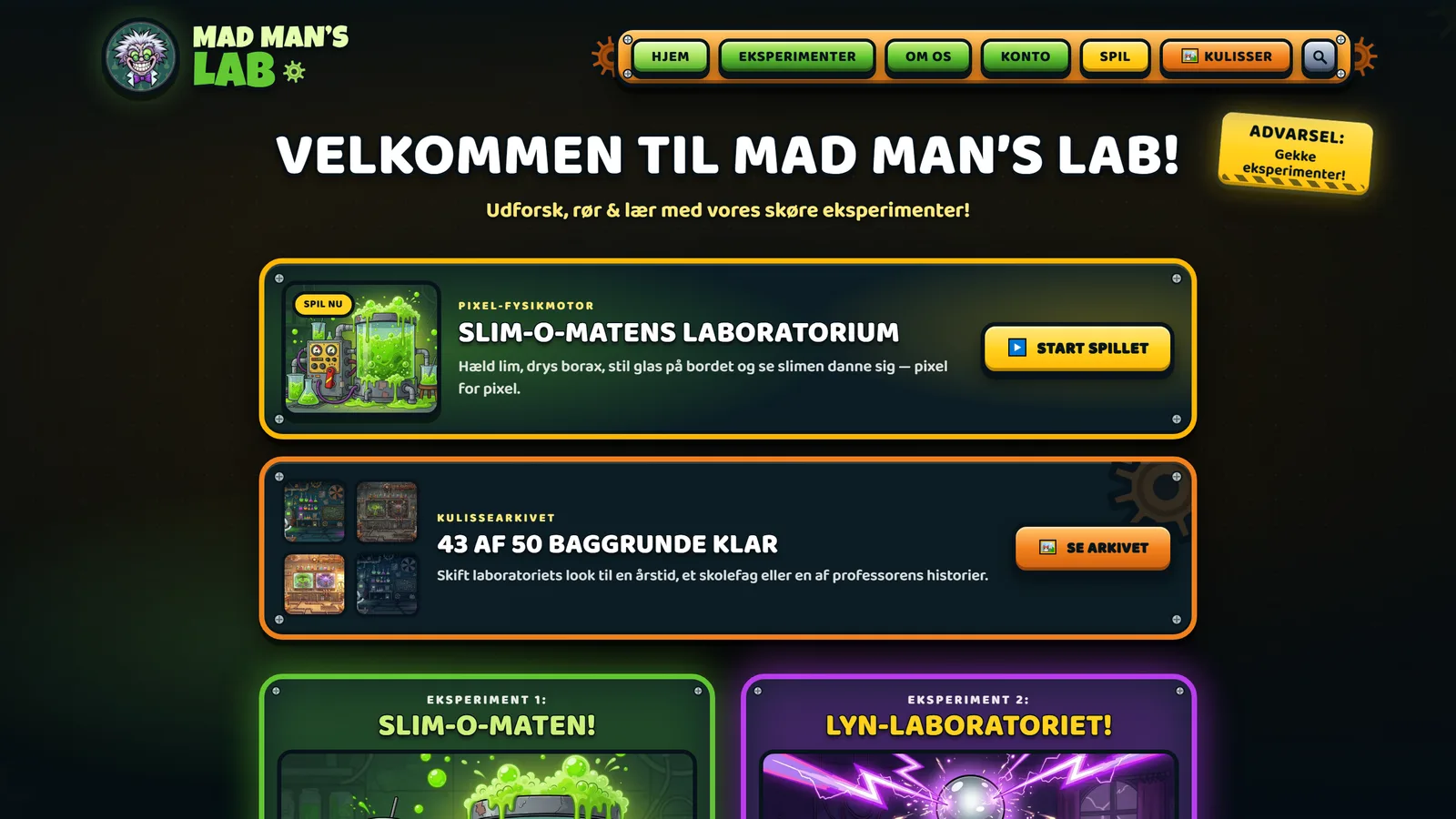 Mad Man's Labs forside: den gale professor som logo øverst til venstre, en menubjælke af store grønne trykknapper og et gult advarselsskilt med «Gekke eksperimenter». Nedenunder to brede bannere — «Slim-o-matens laboratorium» med knappen Start spillet, og «43 af 50 baggrunde klar» med fire små kulissebilleder og knappen Se arkivet. Nederst begynder kortene for Slim-o-maten og Lyn-laboratoriet.