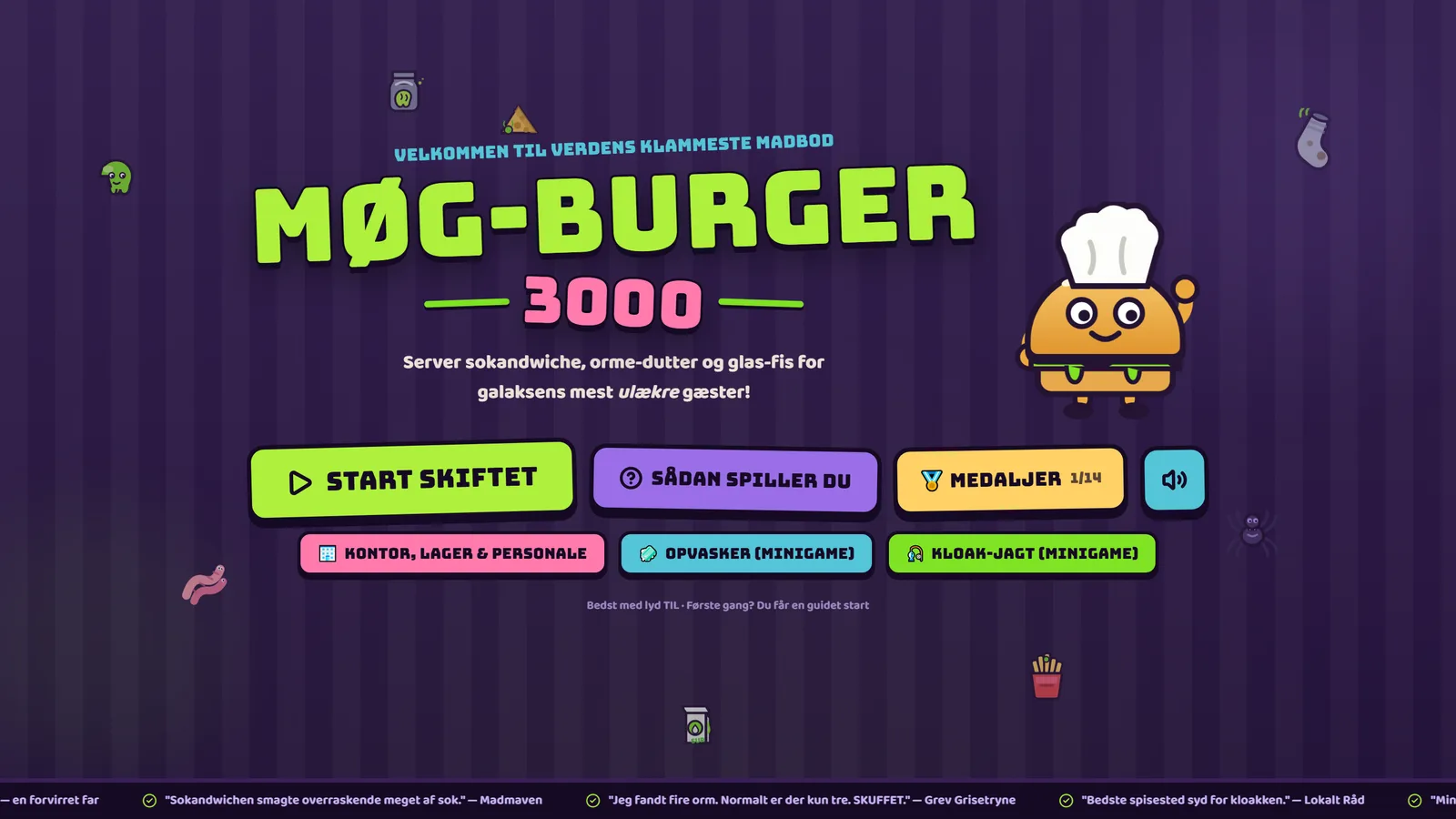 Forsiden: en lilla stribet væg med orme, edderkopper og en sok, overskriften «Velkommen til verdens klammeste madbod» og titlen Møg-Burger 3000 i grønt og lyserødt. En burger med kokkehue vinker. Nedenunder står knapperne Start skiftet, Sådan spiller du, Medaljer 1/14, Kontor, Opvasker og Kloak-jagt.
